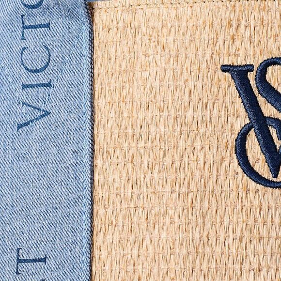 Victoria's Secret Straw Beach Tote Large Weekender Travel Logo Denim Blue Beige - Picture 5 of 5
